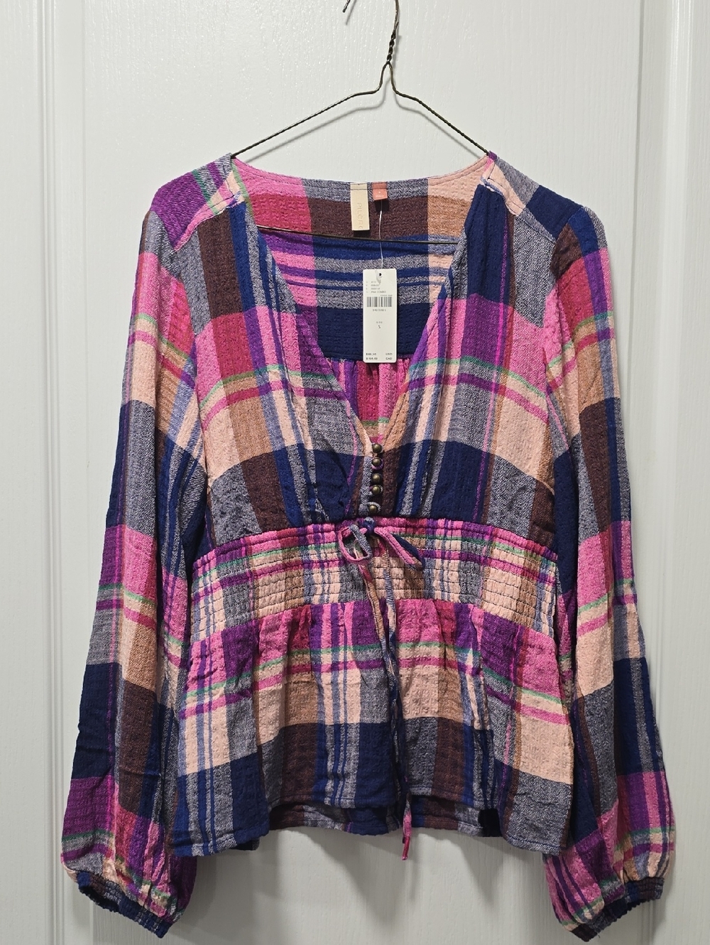 Anthropologie Plaid Peasant Tunic in Pink, Navy & Peach
